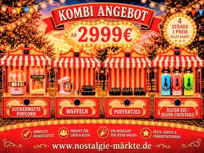 Nostalgie Jahrmarkt für Ihr Firmenevent mieten ! Für ca. 100 Personen ! Popcorn / Zuckerwatte / Mandelstand, Waffelstand, Poffertjes Stand, Slush-Eis Stand, Slush- Cocktailstand erweiterbar mit Karussell, Hüpfburg usw.