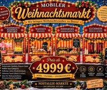 Mobiler Weihnachtsmarkt für Ihre Weihnachtsfeier mieten ! ( Für ca. 200 Personen ) Reibekuchen, Glühwein, Waffeln, Poffertjes, Popcorn, Mandeln erweiterbar mit Kinderkarussell, Hüpfburg usw.