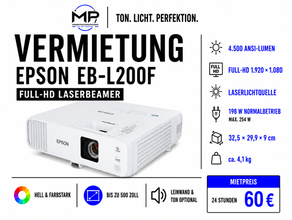 Epson Full-HD Laser-Beamer mieten – 4.500 ANSI-Lumen | Leinwand & Lautsprecher optional