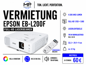 Epson Full-HD Laser-Beamer mieten – 4.500 ANSI-Lumen | Leinwand & Lautsprecher optional