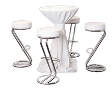 Barhockerset Z weiss/wurf 4er SET mieten – Bartheke, Mobile Bar, Ausschanktheke, Eventtheke