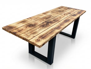 Rustikaler Holzbohlentisch, Holztisch aus alten Bohlen, hell flammbiert mieten – Vintage Banketttisch (220x80 cm) für Hochzeiten & Events