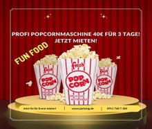 Profi Popcornmaschine Popcornmaker XXL Fun Food Event Party Messe frisches warmes Popcorn Puplikumsmagnet Giveaways mieten leihen