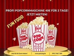 Profi Popcornmaschine Popcornmaker XXL Fun Food Event Party Messe frisches warmes Popcorn Puplikumsmagnet Giveaways mieten leihen