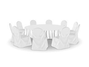 Polsterstuhl mit Husse, runder Tisch mit Tischdecke, Galatisch, Dinnertisch, Hochzeit