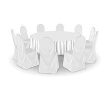 Polsterstuhl mit Husse, runder Tisch mit Tischdecke, Galatisch, Dinnertisch, Hochzeit