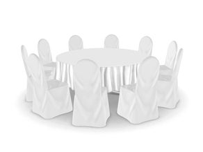 Polsterstuhl mit Husse, runder Tisch mit Tischdecke, Galatisch, Dinnertisch, Hochzeit