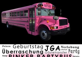 Partybus Pink 26 Sitzplätze Discobus Nebel, Partylicht,Mega Sound Partyliner Schoolbus US Amerikanischer Schulbus Rosa Pink