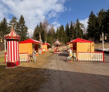 "Sommeraktion Jahrmarkt", Verkaufshütte, Hütte, Zaunelemente, Glücksrad, Caroussell, Hau den Lukas, Stehtische mit Hussen