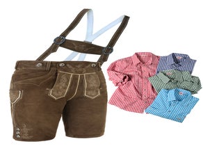 Sofort Versand möglich | Trendige kurze Männer Lederhose braun mit Hemd | Gr.42 bis 66 | zünftig & modern von Spieth & Wensky | Online Verleih Miete ausleihen