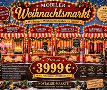 Mobiler Weihnachtsmarkt für Ihre Weihnachtsfeier mieten ! ( Für ca. 150 Personen ) Reibekuchen, Glühwein, Waffeln, Poffertjes, Popcorn, Mandeln erweiterbar mit Kinderkarussell, Hüpfburg usw.