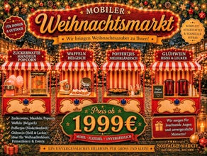 Mobiler Nostalgie Weihnachtsmarkt für Ihre Weihnachtsfeier mieten ! ( Für ca. 50 Personen ) Glühwein, Waffeln, Poffertjes, Popcorn, Mandeln erweiterbar mit Kinderkarussell, Hüpfburg usw.