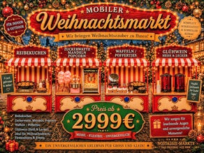 Mobiler Nostalgie Weihnachtsmarkt für Ihre Weihnachtsfeier mieten ! ( Für ca. 100 Personen ) Reibekuchen, Glühwein, Waffeln, Poffertjes, Popcorn, Mandeln erweiterbar mit Kinderkarussell, Hüpfburg usw.