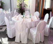 Set Bankett-Tisch rund + Tischdecke + 9x Bankettstuhl mit hochwertiger Stoff-Stuhlhusse