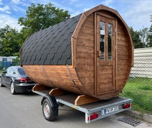 Vermiete Mobile Sauna 3m Fasssauna Faßsauna m. Holzofen & Vorraum Wellness