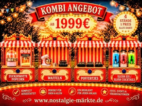 Nostalgie Jahrmarkt für Ihr Firmenevent mieten ! Für ca. 50 Personen ! Popcorn / Zuckerwatte / Mandelstand, Waffelstand, Poffertjes Stand, Slush-Eis Stand, Slush- Cocktailstand