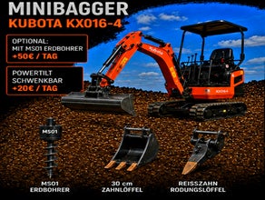 Minibagger Kubota KX016 inkl Powertilt opt. Erdbohrer MS01 - opt. Erdarbeiten - Mietpark Laggenbeck