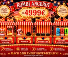 Nostalgie Jahrmarkt für Ihr Firmenevent mieten ! Für ca. 200 Personen ! Popcorn / Zuckerwatte / Mandelstand, Waffelstand, Poffertjes Stand, Slush-Eis Stand, Slush- Cocktailstand erweiterbar mit Karussell, Hüpfburg usw.
