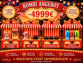 Nostalgie Jahrmarkt für Ihr Firmenevent mieten ! Für ca. 200 Personen ! Popcorn / Zuckerwatte / Mandelstand, Waffelstand, Poffertjes Stand, Slush-Eis Stand, Slush- Cocktailstand erweiterbar mit Karussell, Hüpfburg usw.