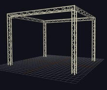 Messestand aus Traversen 4,8 x 3,8 mit 3,4 m Höhe = 18 m² · andere Größen jederzeit möglich