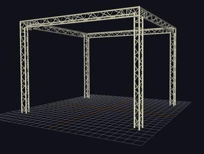 Messestand aus Traversen 4,8 x 3,8 mit 3,4 m Höhe = 18 m² · andere Größen jederzeit möglich