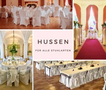 Hussen, Stretchhusse, Stehtischhussen, Festzelthussen, Banketthussen, Universalhussen, Stuhlhussen, Skirting, Stuhlschleifen