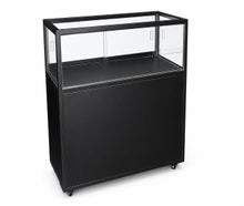 Messetheke Vitrine schwarz mit Beleuchtung und Regal mit Anlieferung