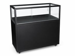 Messetheke Vitrine schwarz mit Beleuchtung und Regal mit Anlieferung