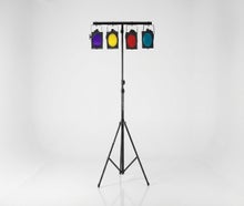 Lichtanlage mieten – Partylicht-Komplettsystem mit 4 Scheinwerfern & Sound-Steuerung, Stativ & Musiksteuerung