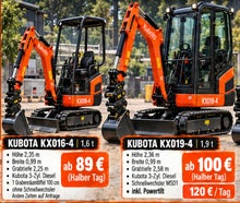Minibagger Kubota KX016/KX019 inkl Powertilt opt. Erdbohrer MS01 - opt. Erdarbeiten - Mietpark Laggenbeck