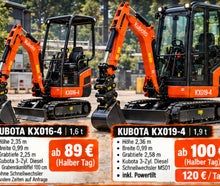 Minibagger Kubota KX016/KX019 inkl Powertilt opt. Erdbohrer MS01 - opt. Erdarbeiten - Mietpark Laggenbeck