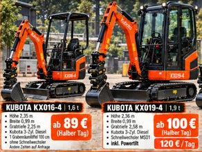 Minibagger Kubota KX016/KX019 inkl Powertilt opt. Erdbohrer MS01 - opt. Erdarbeiten - Mietpark Laggenbeck