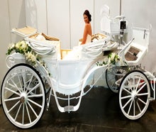 Neue Premium Hochzeitskutsche - weiße Kutsche mit Doppeldach und weißem Echtleder - gezogen von edlen Friesenpferden www.hochzeitskutsche-conrads.de
