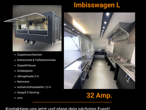 Imbisswagen L mieten – Gastro-Trailer 6,97m | 3-flammig Gasgrill + Fritteuse