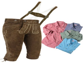 Sofort Versand möglich | Trendige Männer Kniebund Lederhose Braun mit  Hemd | Gr.42 bis 66 | zünftig & modern von Spieth & Wensky | Online Verleih Miete ausleihen