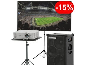 Public Viewing Paket mieten (ab € 119): Full-HD Beamer, 120" Leinwand & SOUNDBOKS ✓ Akkubetrieb ✓ Outdoor-tauglich