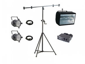 Licht Komplettset 2 · 2x LED-PAR je 36x3 W + 1x 1300 Watt Strobo + Kabel + Stativ
