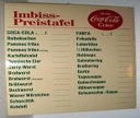 Imbiss Zubehör, Preistafel, Tafel, Buffetstand, Buffet, Restaurant, 70er Jahre, Coca Cola