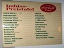 Imbiss Zubehör, Preistafel, Tafel, Buffetstand, Buffet, Restaurant, 70er Jahre, Coca Cola