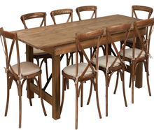 Rustikaler Holztisch / Crossback mieten für Vintage Hochzeit