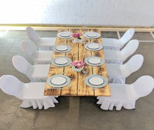 Rustikaler Holztisch aus alten Bohlen mieten – Vintage Banketttisch (220x80 cm) für Hochzeiten & Events