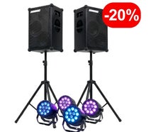 Outdoor Paket mieten (ab € 159): 2x Akku-Lautsprecher SOUNDBOKS & 4x Akku-Ambientlichter ✓ Bis 80 Personen ✓ Kein Strom nötig