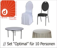Set Banketttisch 183 cm rund inkl. 10x Bankettstuhl, Stuhlhusse und Tischtuch weiß