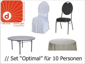 Set Banketttisch 183 cm rund inkl. 10x Bankettstuhl, Stuhlhusse und Tischtuch weiß