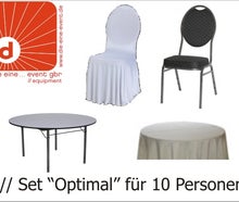 Set Banketttisch 183 cm rund inkl. 10x Bankettstuhl, Stuhlhusse und Tischtuch weiß