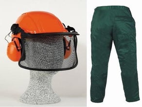 Sicherheits-Set, bestehend aus Forstschutzhelm und Schnittschutzbeinlinge