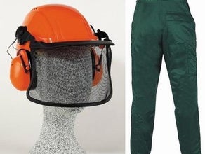 Sicherheits-Set, bestehend aus Forstschutzhelm und Schnittschutzbeinlinge